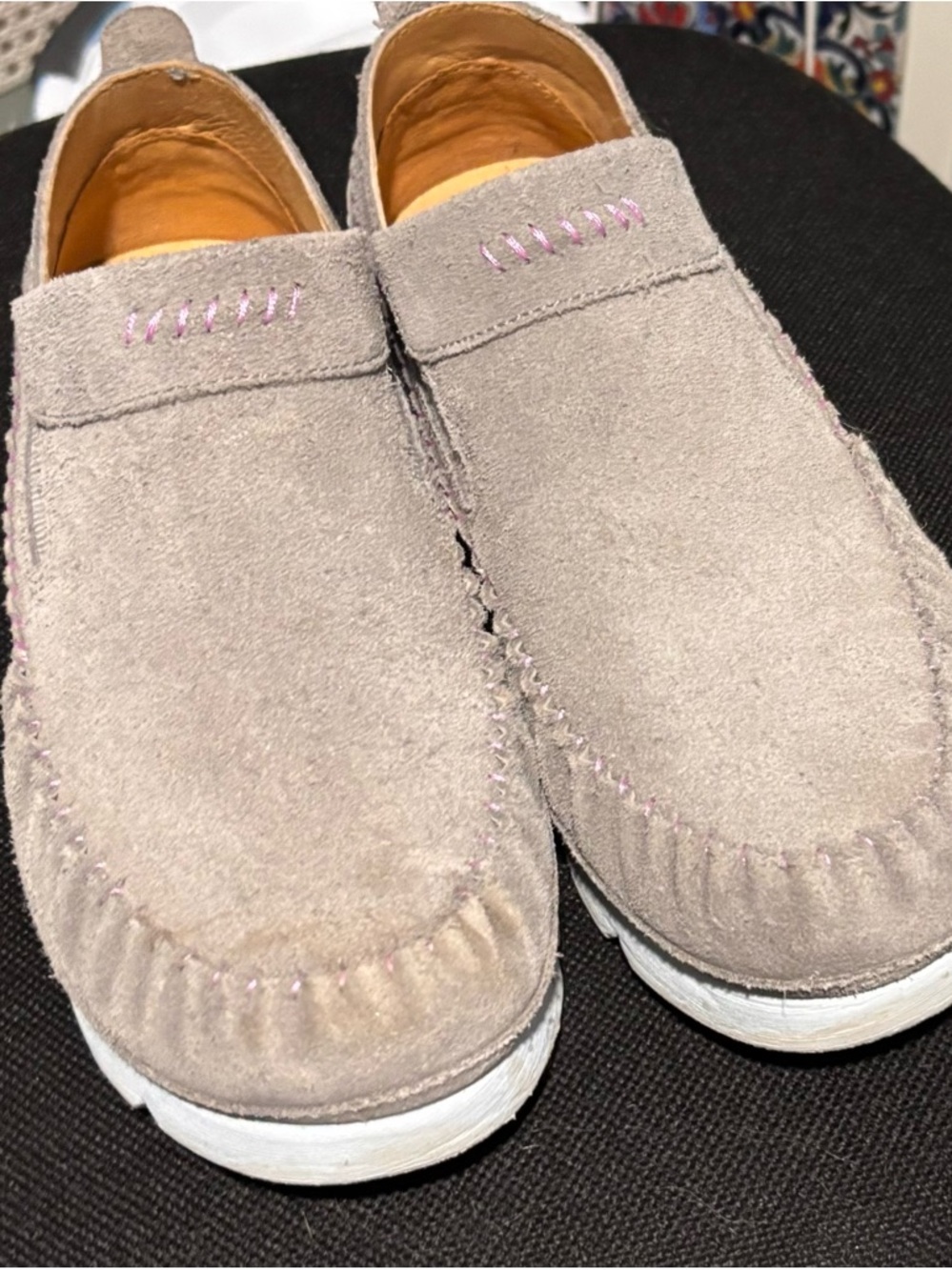 Grey Suede Slip-On Loafers with Lavender Accent Stitching r Open to Offers